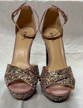 Qupid Women's Pink Multi-Colored Glitter Ankle Strap Platform Heels